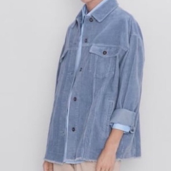 ZARA Light Blue Corduroy Oversized Raw Edge Shacket Jacket Size Medium - Picture 2 of 8